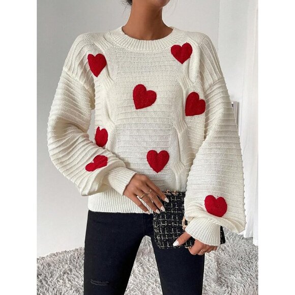 Women's Heart Print Drop Shoulder Sweater Knit Top Casual Long Sleeve - Picture 3 of 5